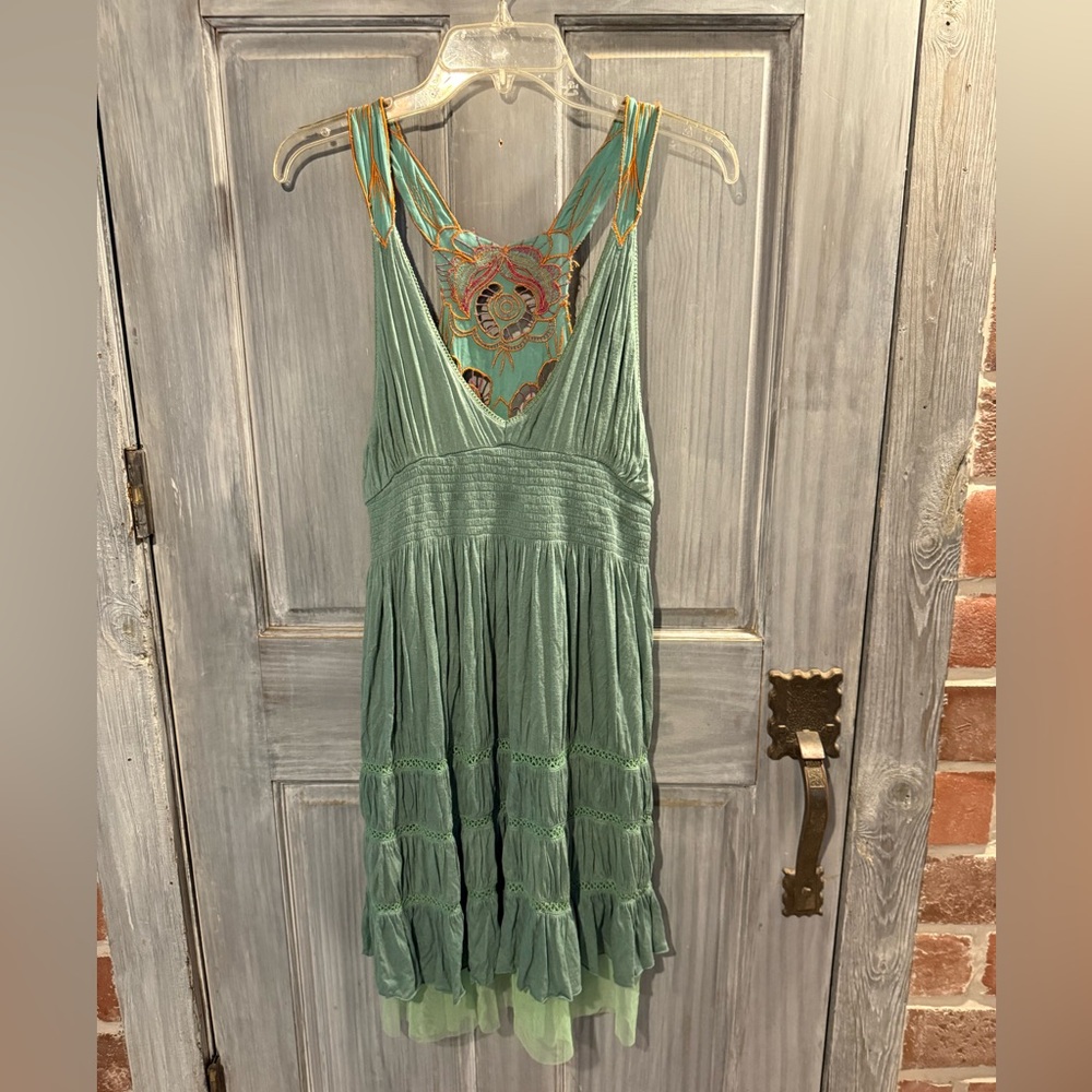 Free People Green Racerback Dress with Embroidery-Size M